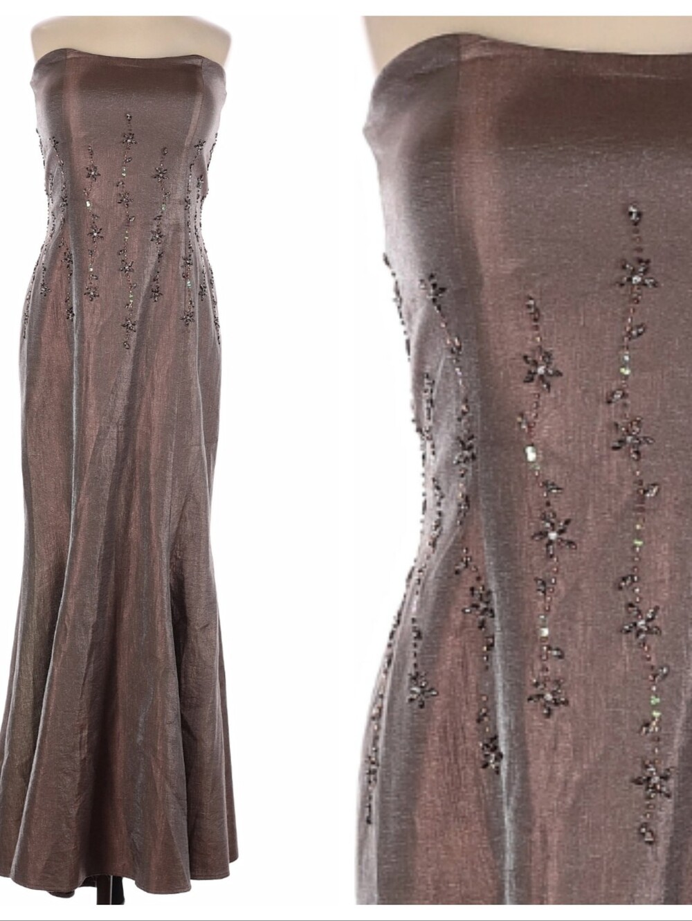 VTG Iridescent Beaded Dress Brown Mermaid Strapless Floral Fairy HOCO Y2K Size 2
